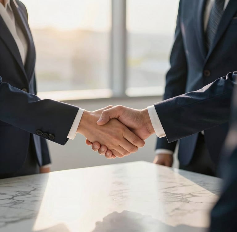 Hands of two professional business partners shaking hands warmly over a marble table, soft golden hour sunlight filtering through window, professional corporate setting, shallow depth of field, 35mm