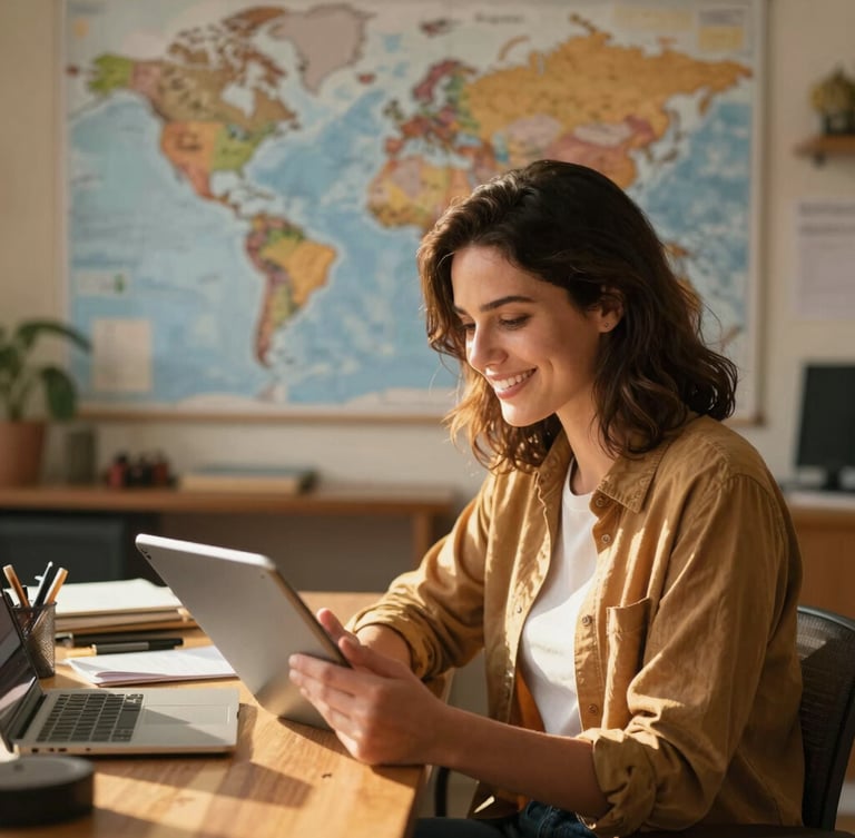 A travel expert, a woman with a warm smile, reviewing travel itineraries on a tablet, sitting in a cozy, sunlit office, a world map subtly blurred in the background. Warm editorial travel photography, golden hour natural light, rich saturated tones, wide-angle lens, professional color grading, 35mm.