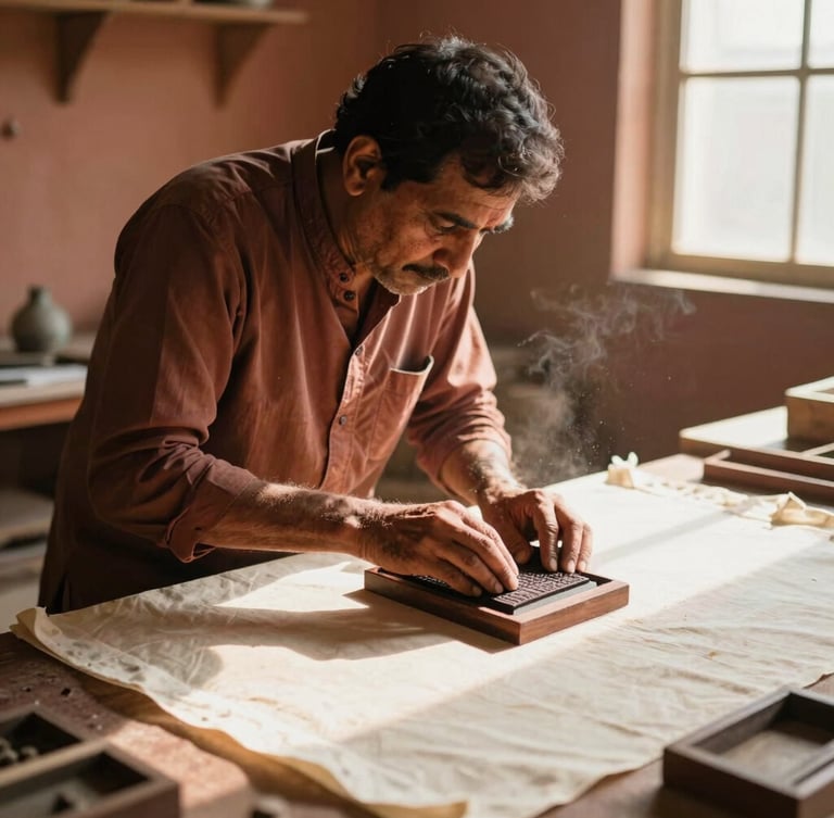 A master artisan in a sunlit Jaipur workshop carefully aligning a wooden printing block on stretched cream cotton fabric, warm morning light, dusty air, 35mm