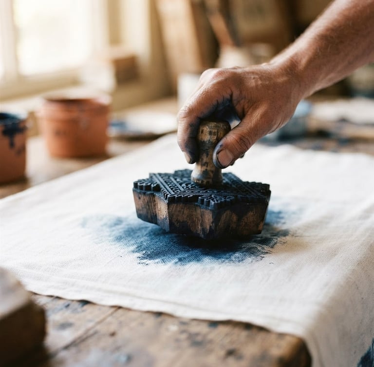 Extreme close-up of a hand-carved wooden block stamping deep indigo dye onto pure white cotton fabric, warm natural morning light, shallow depth of field, 35mm
