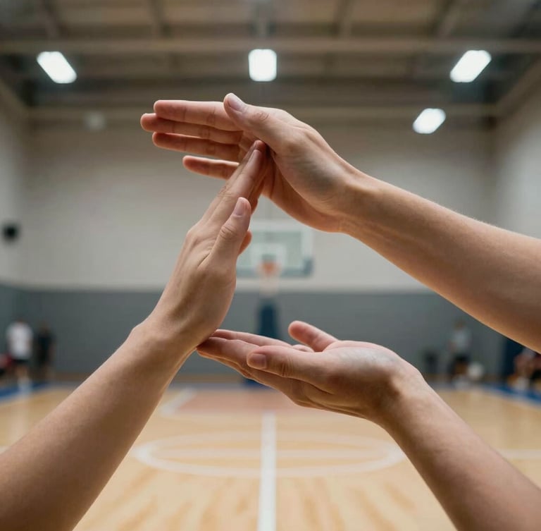 Dynamic low angle of hands forming a perfect passing platform, bright gym lighting, crisp indoor court lines visible in background.