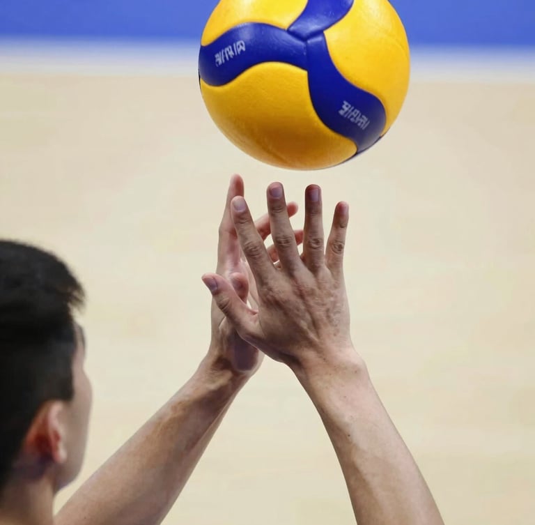 Close-up of a young athlete's hands locked in a clean passing platform, making solid contact with a volleyball, bright indoor court background.