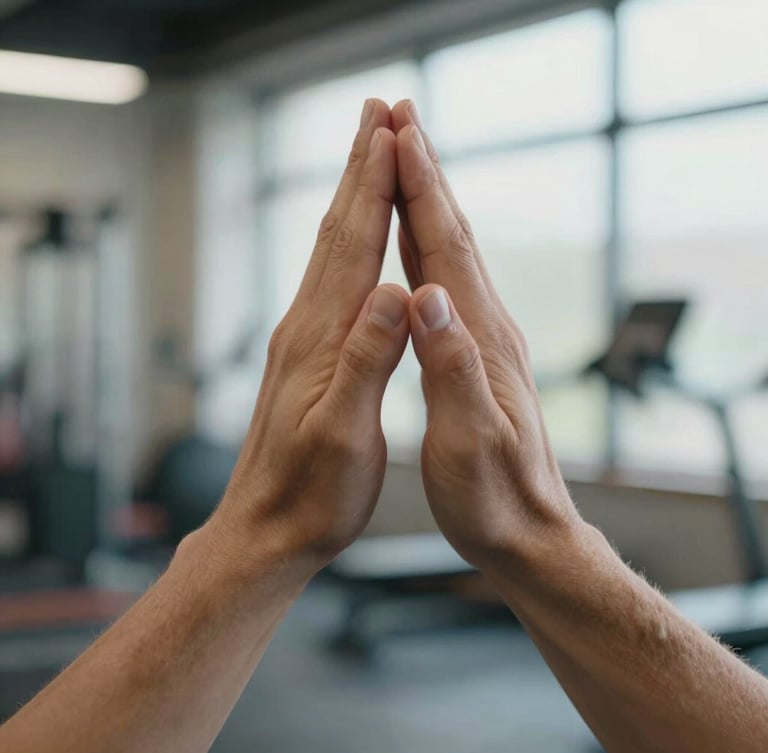 Close-up shot of hands forming a perfect passing platform, elbows locked, under bright natural gym lighting