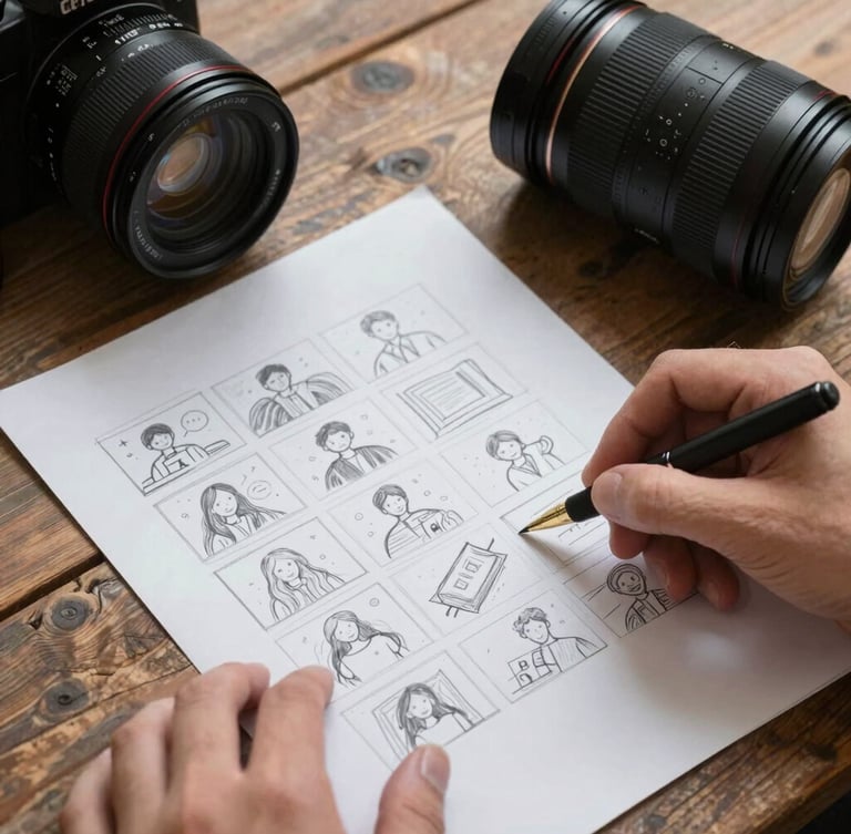 Overhead shot of hands sketching a social media storyboard on crisp parchment paper next to a professional camera lens, rustic wooden table, soft side lighting.