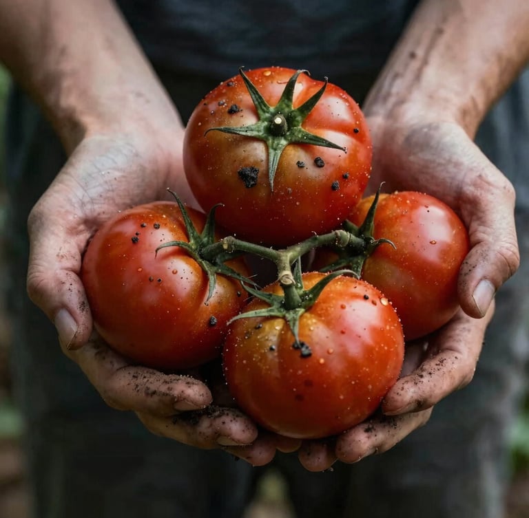 A close-up of dirty hands holding freshly harvested dark red heirloom tomatoes, soil still clinging to the skin, low-key natural morning light.