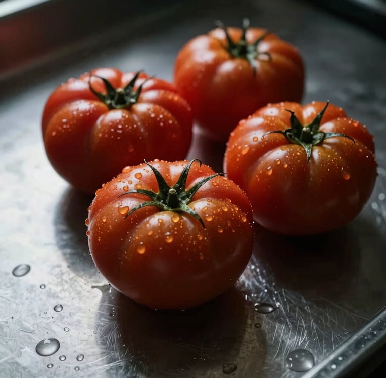 Close-up shot of raw heirloom tomatoes on a stainless steel prep table, water droplets catching low-key morning light, deep shadows, moody Scandinavian aesthetic.