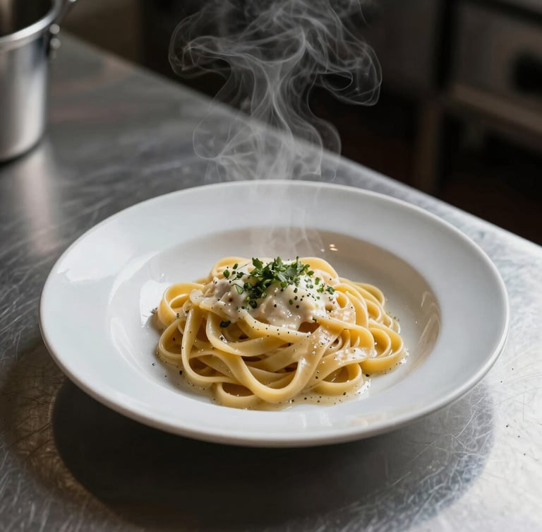 Macro overhead shot of steam rising from a handmade pasta dish being plated on a stainless steel kitchen line, low-key moody lighting, deep shadows, Scandinavian style.