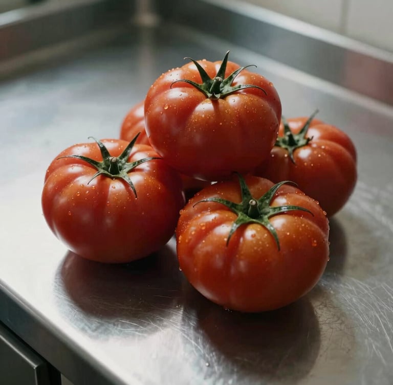 Moody, close-up shot of heirloom tomatoes stacked on a clean stainless steel counter, soft side light casting deep shadows.