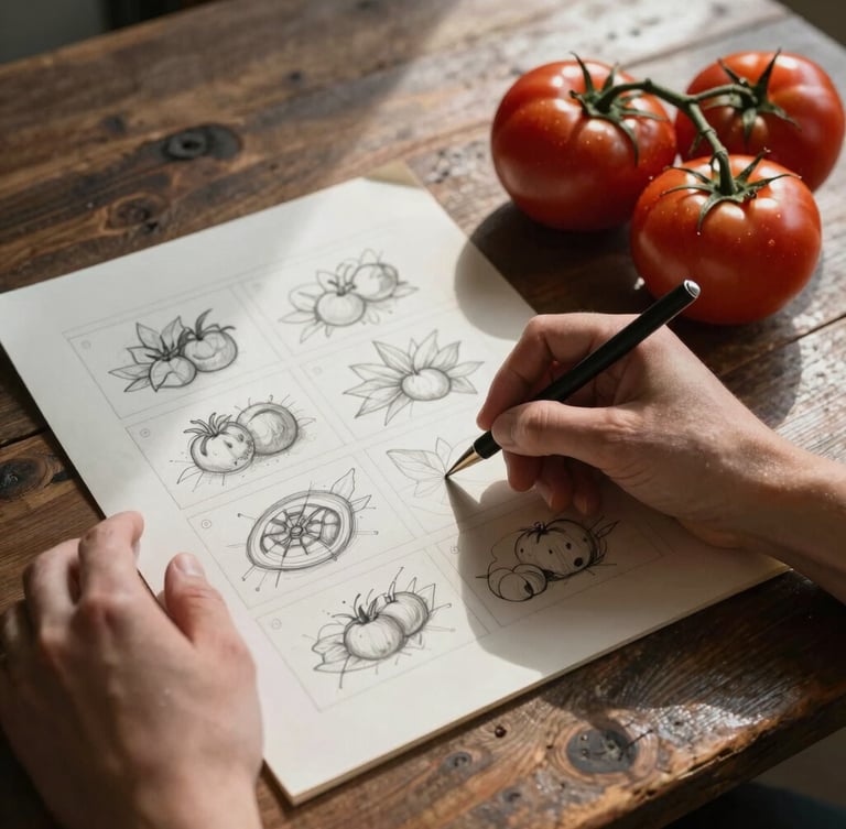Hands sketching a storyboard on parchment paper next to raw heirloom tomatoes on a rustic wooden table, early morning light, deep shadows.