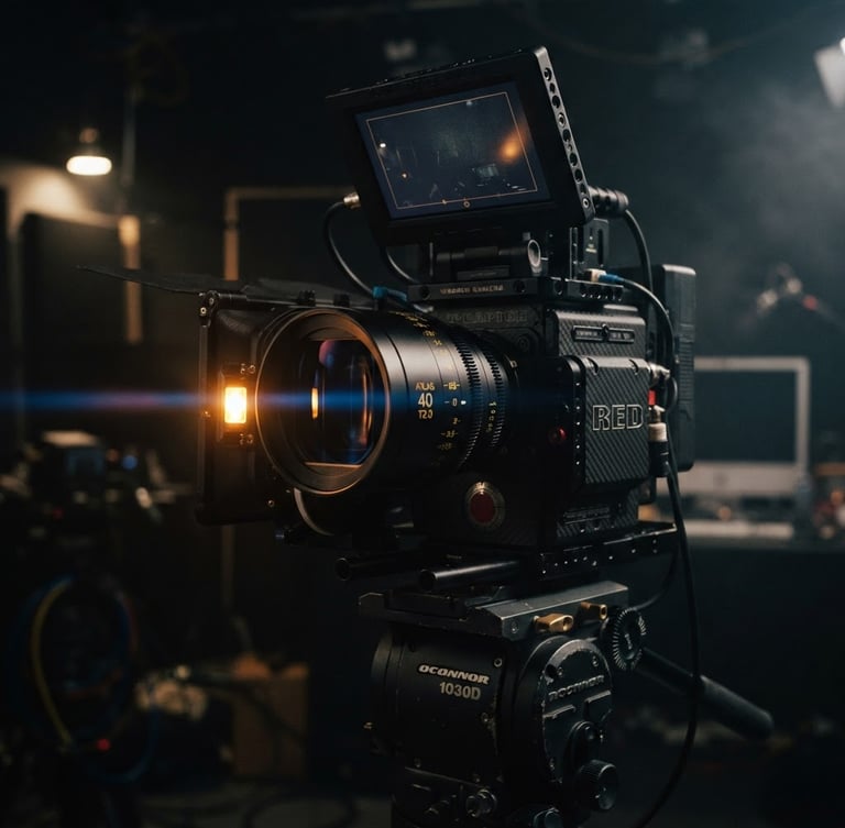Close-up of a professional RED cinema camera rig with anamorphic lens reflection, warm amber tally light glowing, dark studio background, 35mm cinematic film photography