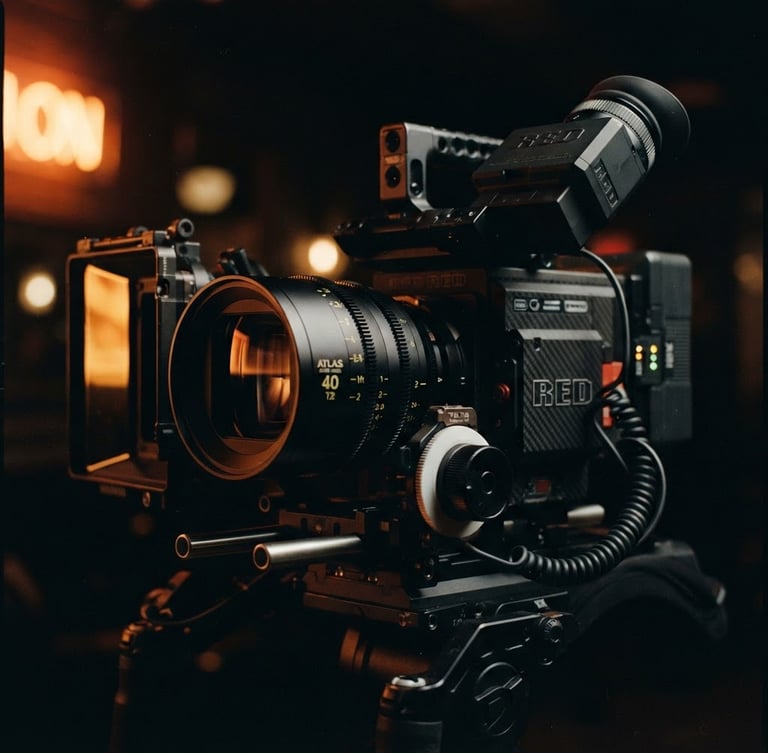 Close-up of a high-end RED cinema camera rig with anamorphic lens reflecting warm neon-amber light, moody low-key lighting, deep shadows, 35mm film look