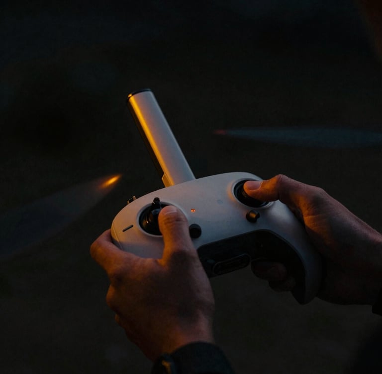 Cinematic close-up of a drone controller and hands in low-key lighting, deep obsidian shadows, sharp neon-amber accents, shallow depth of field.