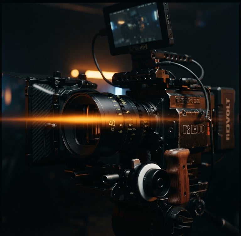 Extreme close-up of a high-end RED cinema camera rig in a dark studio, anamorphic lens flare reflecting neon amber light, 35mm cinematic film photography