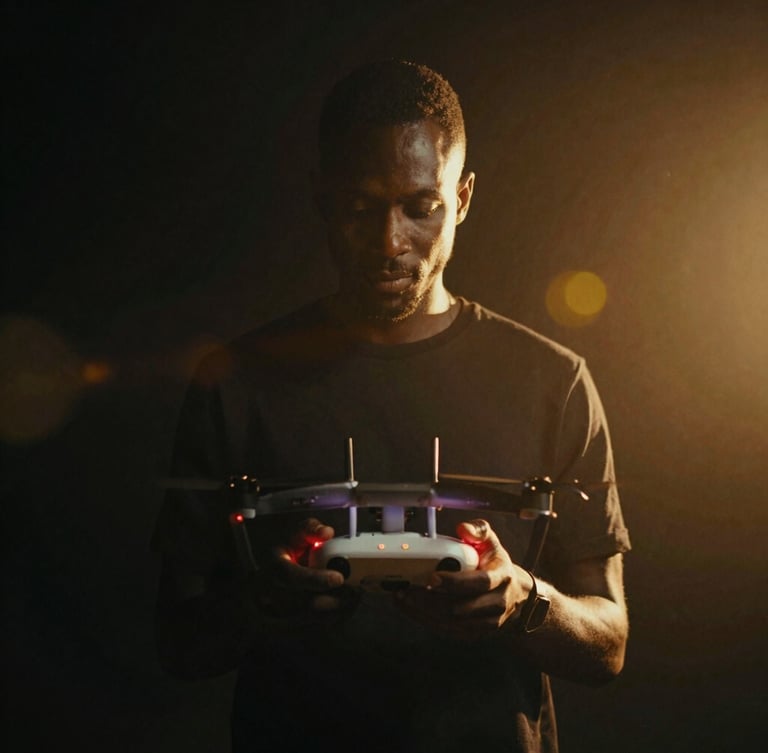 Low-key dramatic portrait of filmmaker Amalo Keita holding a drone controller, backlighting, deep shadows with subtle red record indicator light glow, cinematic