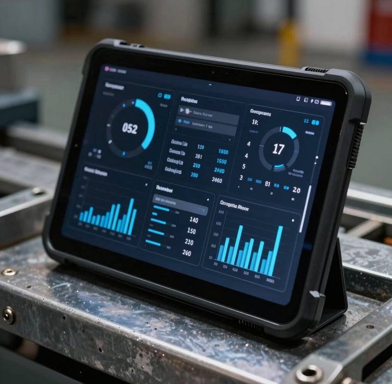 Macro shot of a rugged Android tablet mounted in an industrial metal dock, displaying high-contrast system telemetry charts, cool blue directional lighting.