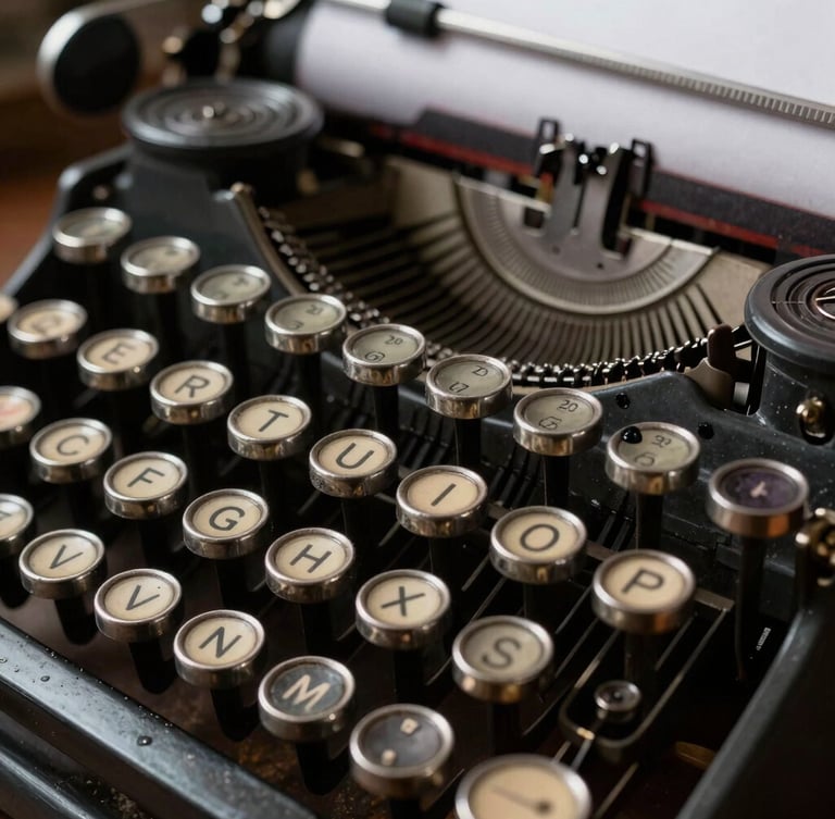 A close-up, high-contrast shot of mechanical typewriter keys, weathered steel surfaces, dark ink pooling on heavy textured paper, low-key lighting from a single side source.