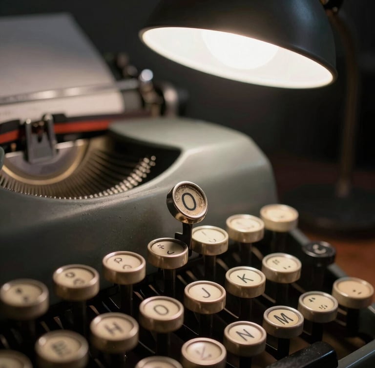 A single mechanical typewriter key, the letter 'O' worn and weathered, illuminated by a harsh desk lamp in a dark room.