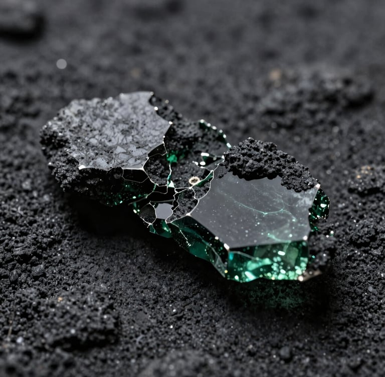 Macro shot of dark volcanic glass with sharp, fractured edges catching cold green side-lighting, set against a deep charcoal background with heavy physical texture.