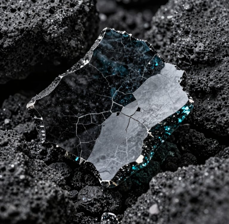 Macro shot of dark volcanic glass with sharp, fractured edges catching cold side-light