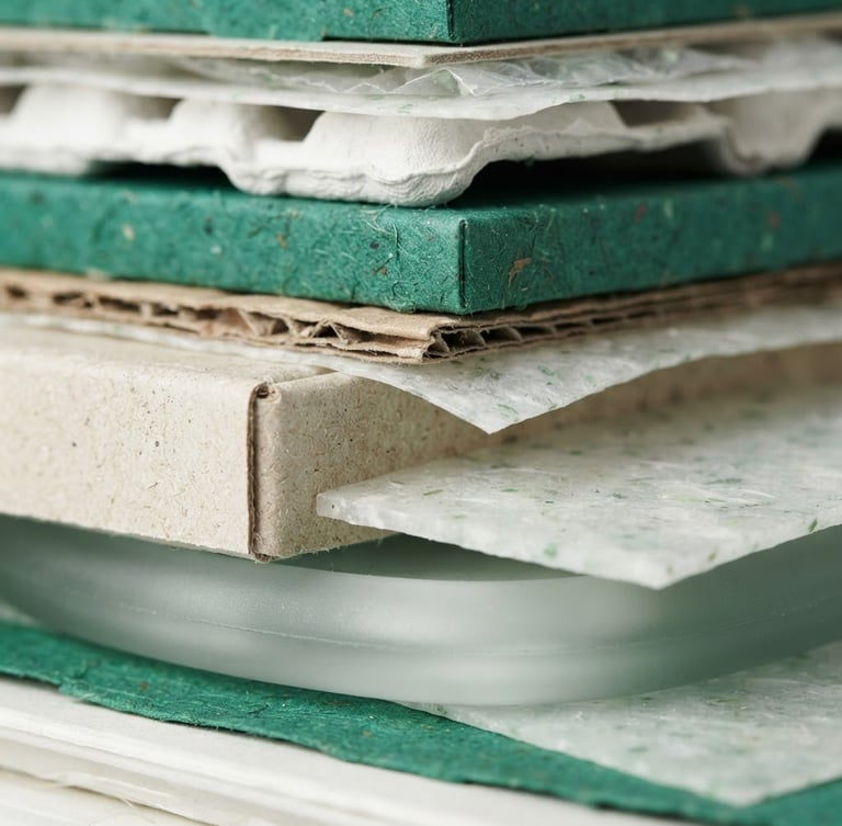 Extreme close-up of a stack of sustainable packaging materials, including recycled polymers, raw cardboard fibers, and glass, under bright studio lighting, sharp focus, clean emerald and white tones.