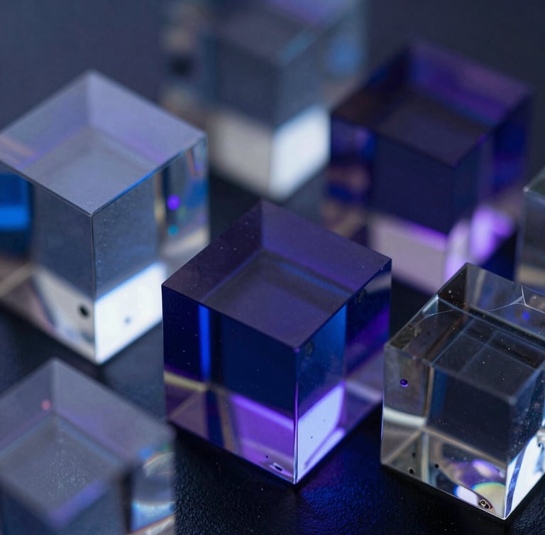 Macro close-up of translucent 3D glass geometries refracting deep blue and purple light, dark background, sharp focus on glass edges.