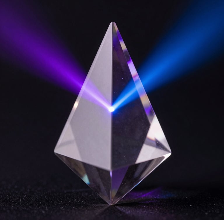 Macro photographic close-up of a flawless glass prism refracting sharp neon violet and deep blue light beams, dark background, ultra-clean technical aesthetic.