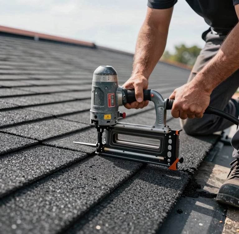 Close-up of a roofing installer in work gear laying crisp asphalt shingles with a pneumatic nail gun in clear daylight