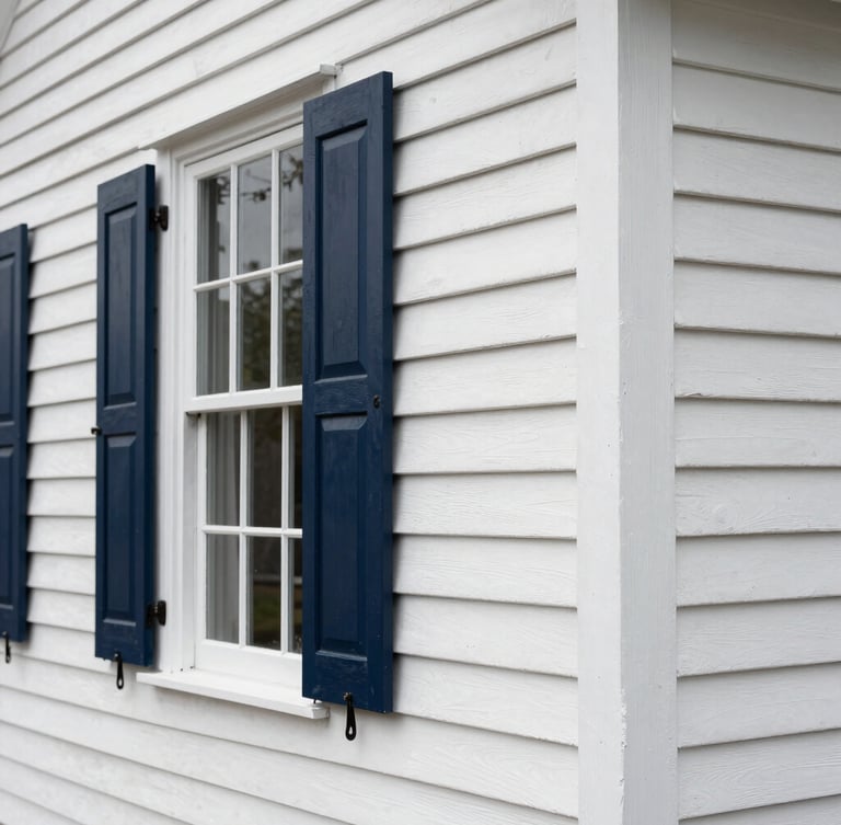 A close-up shot of a historic New England home siding being painted in crisp white, showing sharp paint lines against dark navy shutters under clear daylight.