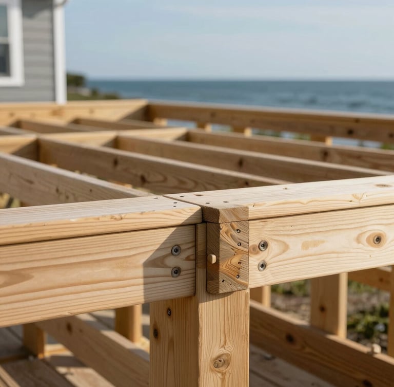Close-up shot of a newly constructed cedar deck on a Massachusetts coastal home, bright natural New England daylight, highlighting the tight joist connections and clean post lines against a soft ocean background.