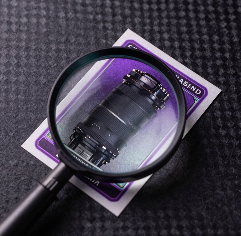 Top-down macro shot of a rare trading card being inspected with a magnifying glass, side-lit with neon violet highlights, deep textured carbon-fiber surface