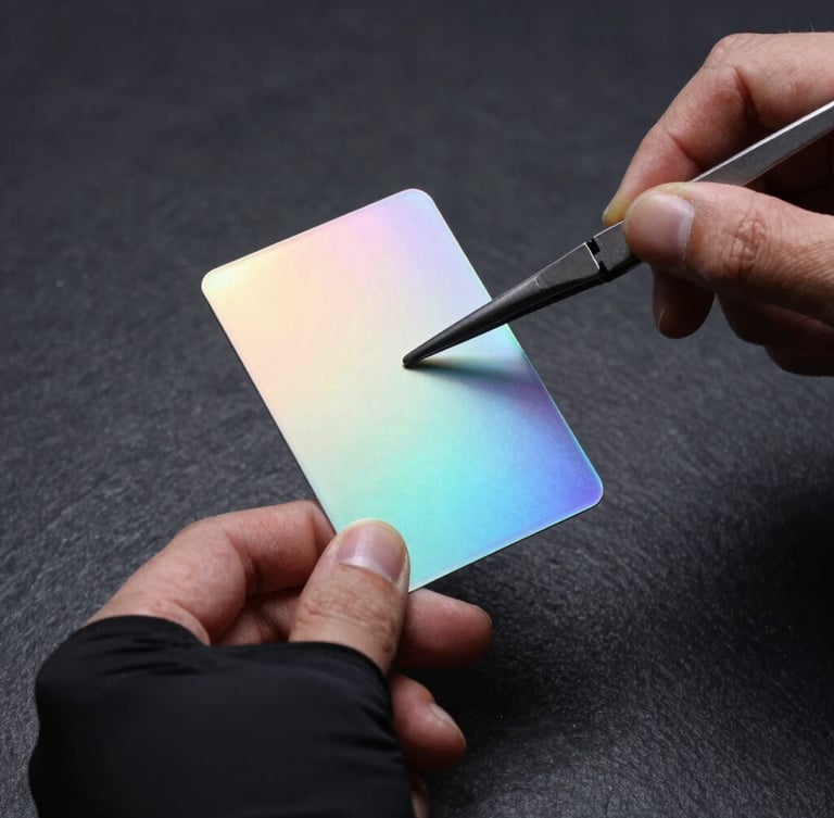 Extreme macro studio photograph of hands in matte-black sleeves handling a pristine holographic card with tweezers under dramatic cyan side-lighting, dark slate background