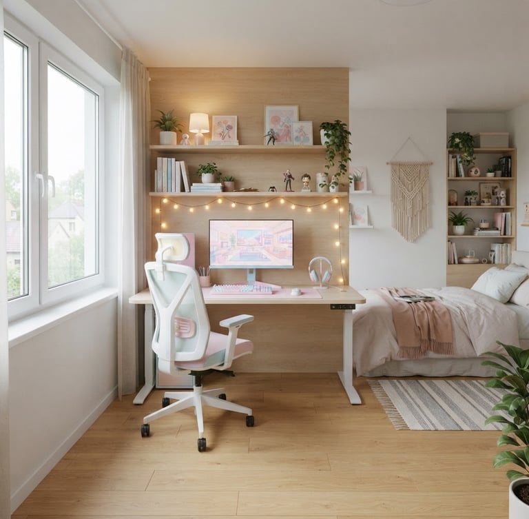 Wide shot of a modern teen bedroom, featuring a pastel-washed gaming desk with a monitor, ergonomic chair, and floating shelves, soft morning daylight, light wood tones, clean composition, right side of the image bleeds to the edge, warm Scandinavian interior photography, 35mm.