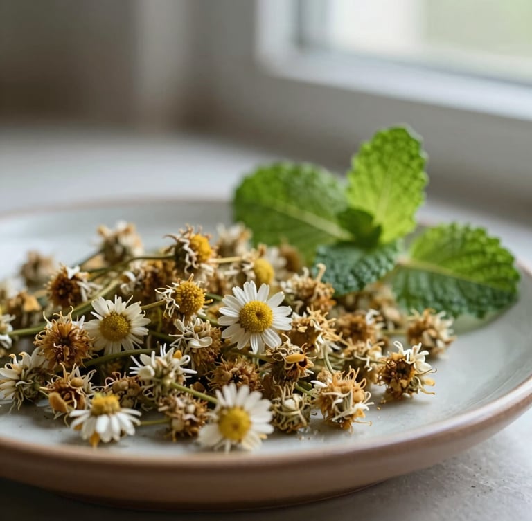 Close-up of dried chamomile flowers and fresh mint leaves on a warm ceramic plate, soft diffused window light, shallow depth of field