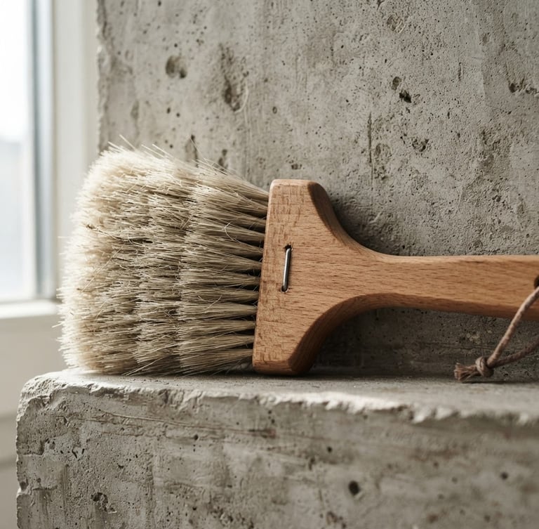 Close-up of a natural bristle brush head with an oiled beechwood handle, resting against a raw concrete wall, bright natural side-lighting, soft shadows, sharp focus, minimalist product photography, desaturated slate and wood tones.