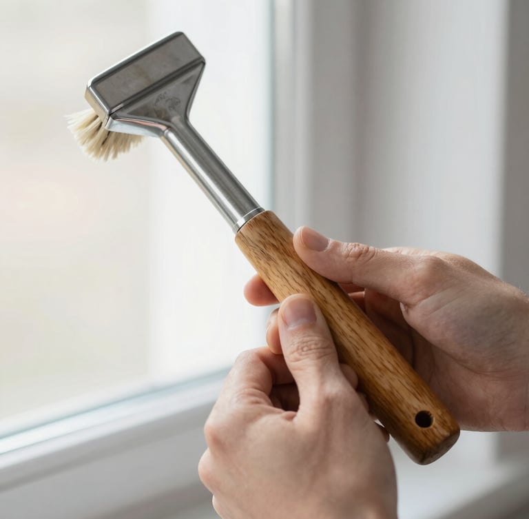 Close-up portrait shot of hands assembling a cleaning tool, showing the precise joinery of an oiled beechwood handle to a galvanized steel head, natural bristles visible, soft workshop lighting, sharp focus on the tactile materials, 50mm.