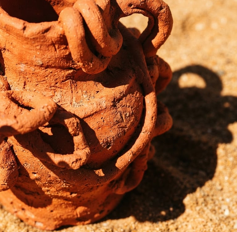 Extreme close-up of a vibrant terracotta sculptural vase under harsh direct sunlight, casting sharp dramatic shadows on a warm sand background, raw pigment textures visible, 35mm lens