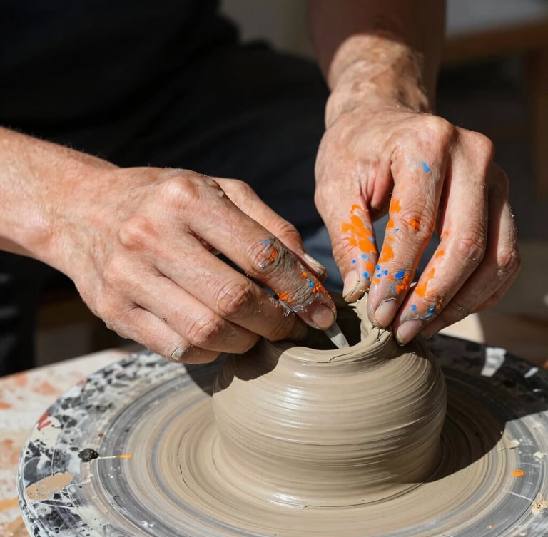 Hands covered in dry, bright orange and blue pigments working on a raw clay sculpture in a sunlit studio, harsh direct light, sharp dark shadows, macro texture, 35mm lens