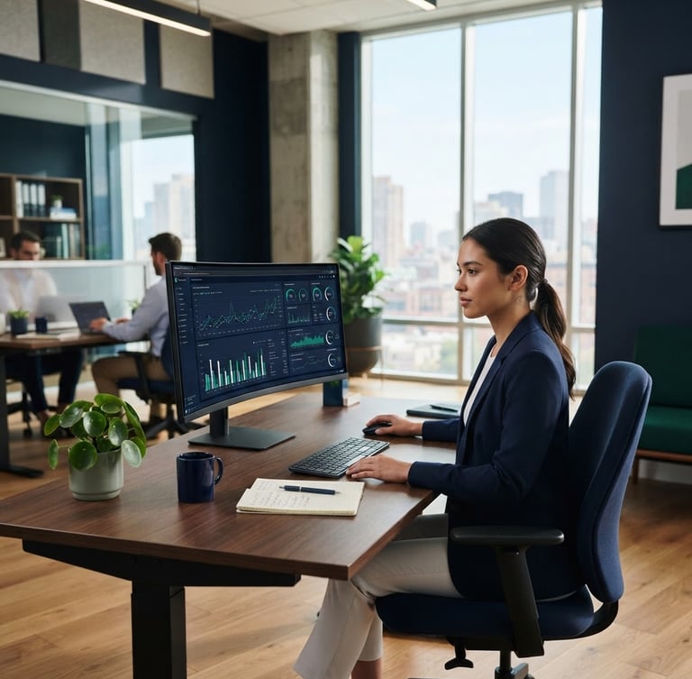Wide-angle editorial photograph of a modern professional service workspace with natural daylight, a clean desk with active dashboard on screen, deep navy tones, sharp focus, 35mm