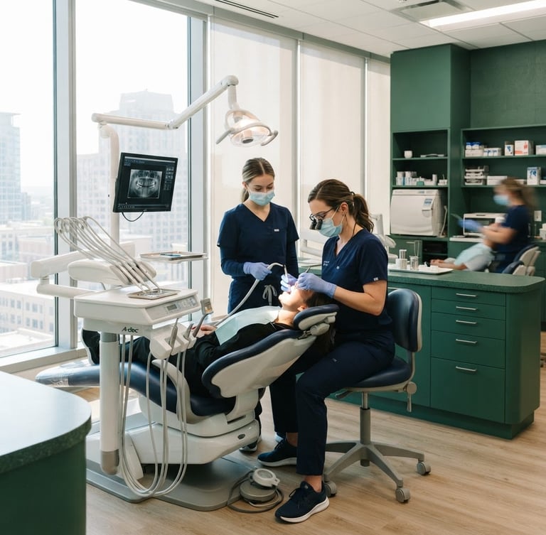 Bright clinical dental clinic interior with sunlight streaming through large windows, modern equipment in sharp focus, 35mm, editorial business photography, emerald tones.