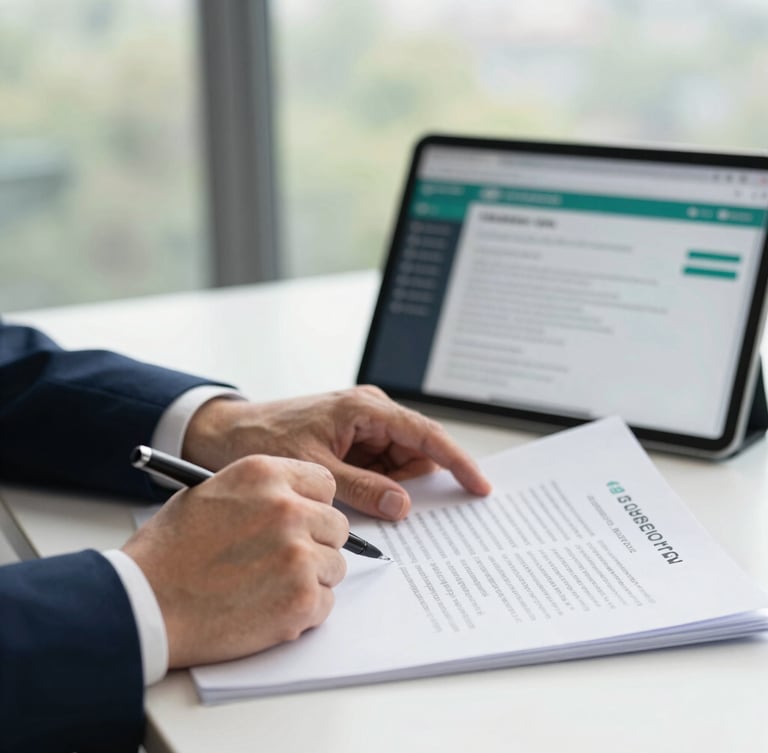 Close-up of a professional solicitor reviewing documents on a clean desk, a tablet showing an active lead-generation dashboard in the background, sharp focus, natural window light, 35mm