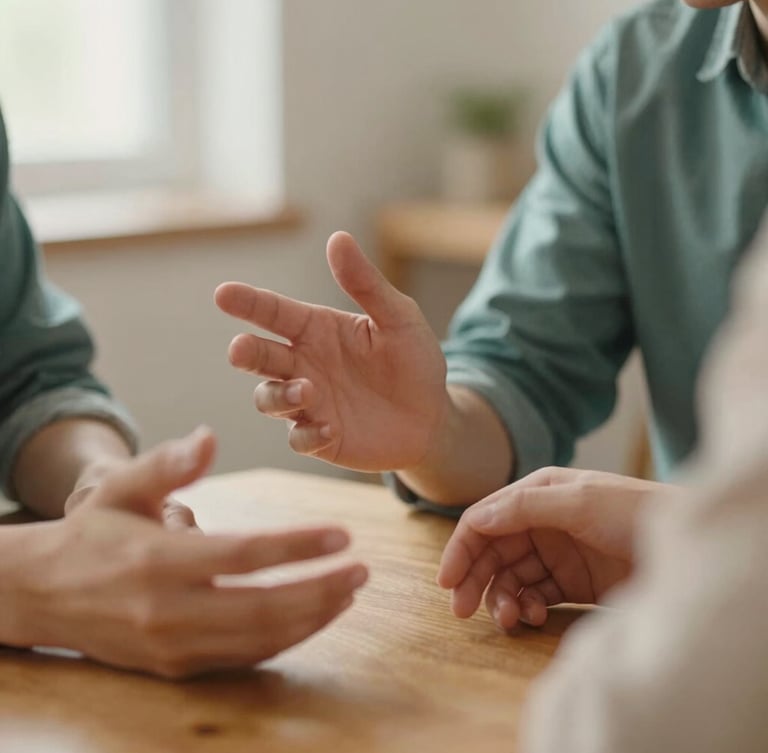 Close-up of two people talking in a soft-lit room, hands gesturing gently on a wooden table, warm diffused daylight, shallow depth of field.