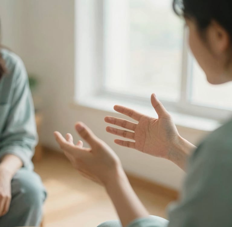Soft environmental shot of two people talking in a warm, sunlit room, focusing on expressive hand gestures, shallow depth of field