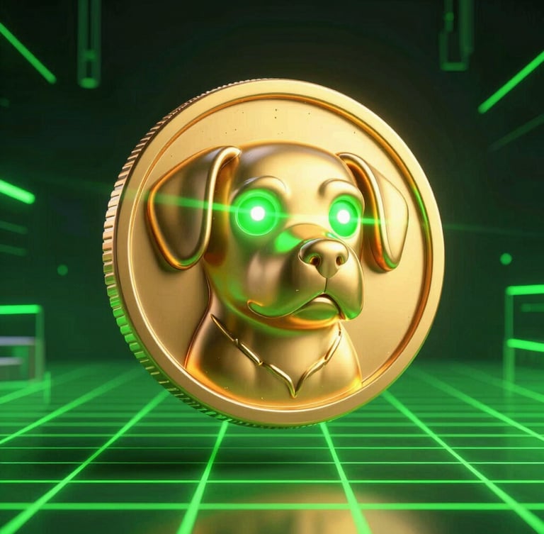 Vibrant 3D render of a glossy golden dog coin with glowing green laser eyes, floating in a dark cyber void with neon green grid lines, high-contrast digital art style.