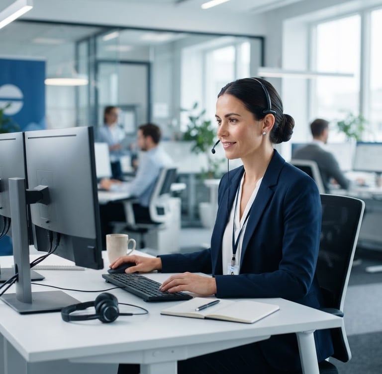 Professional customer support agent, female, in a clean, modern office setting, looking at a screen with a friendly but serious expression, bright cool studio light, professional blue and white tones, sharp focus, 50mm lens