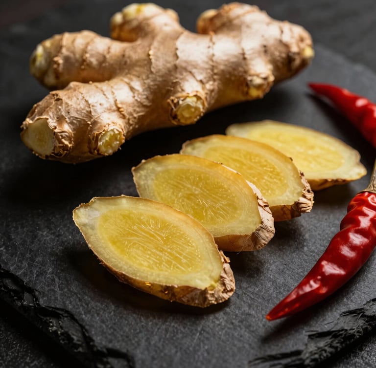 Macro shot of fresh sliced ginger root and red chili peppers on a dark slate surface, dramatic side lighting, rich golden tones, deep shadows