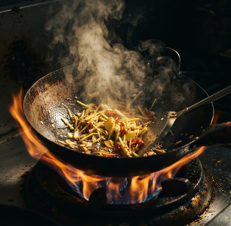 Macro photography of a steaming wok with fire, fresh sliced ginger, dramatic side lighting, deep shadows, dark moody food style, 35mm