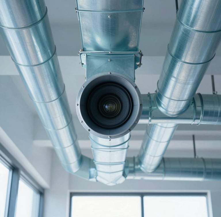 Straight-on technical architectural photography of clean, professionally routed industrial ventilation ductwork under bright, cool-toned indoor lighting, steel blue tones, sharp focus, 35mm lens.