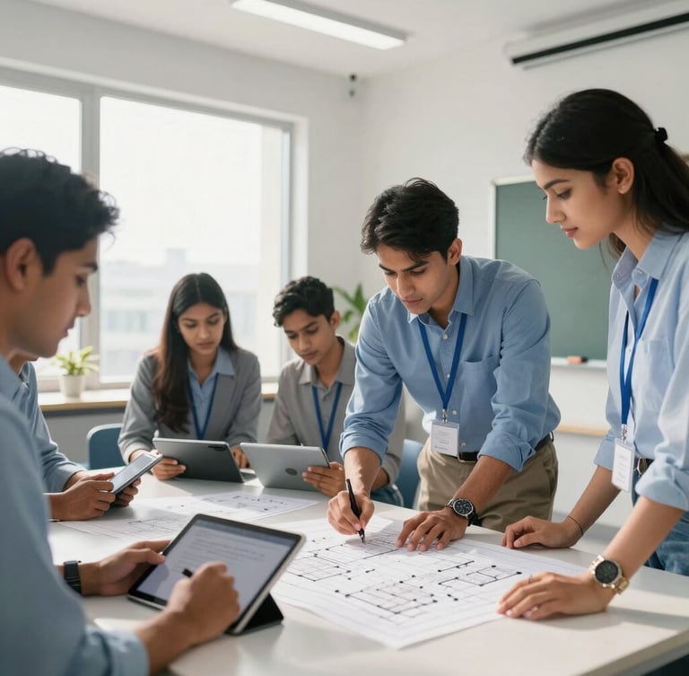 Bright modern real estate classroom in Hyderabad, professional students collaborating over blueprint layouts and digital tablets, natural daylight, sharp focus