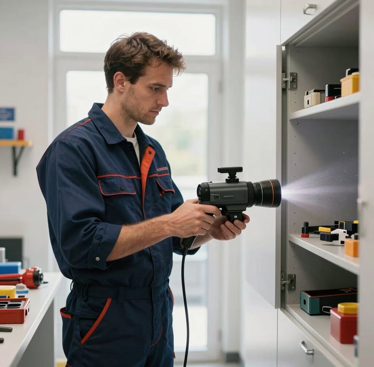 Medium shot of a professional plumber in a clean navy blue uniform operating a high-tech video inspection camera inside a bright modern utility room, professional tools organized nearby, natural lighting.
