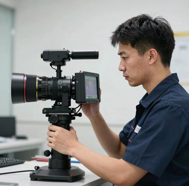 Medium shot of a professional technician in a clean navy uniform operating a high-tech video inspection camera, bright indoor lighting, focused on the diagnostic screen.